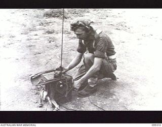 RABAUL, NEW BRITAIN, 1945-12-06. A SIGNALLER DEMONSTRATING WITH A KEY ON A WIRELESS SET 108 DURING A DEMONSTRATION OF VARIOUS INFANTRY WEAPONS AND EQUIPMENT