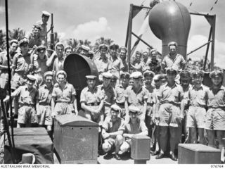 MADANG, NEW GUINEA. 1944-10-29. ENGINEROOM PERSONNEL OF THE RAN FRIGATE, BARCOO