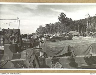 NASSAU BAY, NEW GUINEA. 1943-08-16. BARGES LINED UP READY FOR THE NIGHT RUN TO TAMBU BAY