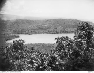 FINSCHHAFEN, NEW GUINEA, 1943-10-25. GENERAL VIEW OF THE FINSCHHAFEN AREA. SATTELBERG POSITIONS ARE ON THE TOP LEFT HAND CORNER OF THE PHOTOGRAPH