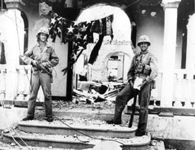 [Marines Before a Tattered Flag and Cathedral]