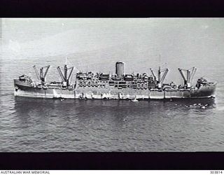 1943-09-28. AERIAL PORT SIDE VIEW OF THE AMERICAN TRANSPORT PRESIDENT GRANT (EX CENTENNIAL STATE, EX PRESIDENT ADAMS) WHICH EVACUATED WOMEN AND CHILDREN FROM AUSTRALIA'S NORTHERN GARRISONS IN ..