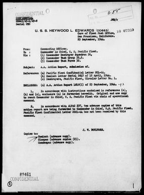 USS HEYWOOD L EDWARDS - Rep of AA Act NE of Peleliu Is, Palau Is, 9/23/44