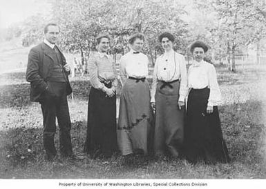 Louie Marian Church with Superintendent Jones, his wife and two teachers from the School for the Blind, Salem, Oregon, between 1895 and 1905