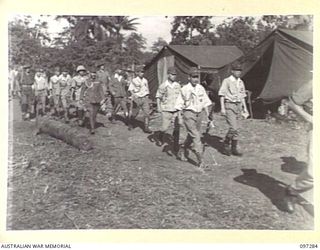 BUIN AREA, BOUGAINVILLE. 1945-09-13. JAPANESE STAFF OFFICERS ARRIVING AT HEADQUARTERS 2 CORPS SURRENDER PARTY CAMP IN KAHILI AREA FOR LIAISON PURPOSES AND TO ARRANGE WITH AUSTRALIAN OFFICERS THE ..