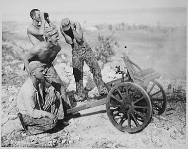 "After the Marines captured this mountain gun from the Japs at Saipan, they put it into use during the attack on Garapan, administrative center of the island."