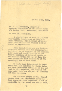 Letter from W. E. B. Du Bois to Australia Labor Party