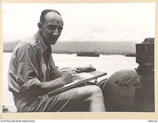 TOROKINA AREA, BOUGAINVILLE, SOLOMON ISLANDS. 1944-12-06. CAPTAIN FRANK NORTON, OFFICIAL WAR ARTIST, MILITARY HISTORY SECTION, AT WORK ABOARD HMAS WESTRALIA IN EMPRESS AUGUSTA BAY OFF CAPE TOROKINA