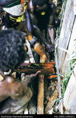 Men using leaf to pour liquid