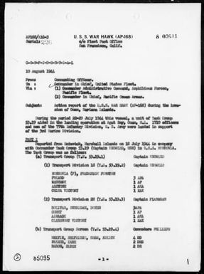 USS WAR HAWK - Report of Operations, Period 7/22-29/44 - Landings on Guam Island, Marianas