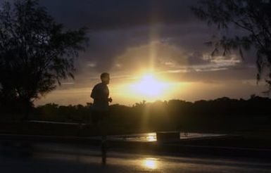 A male runner participates in a 5K run during the Team Andersen Challenge at Andersen Air Base, Guam, on Feb. 25, 2005. U.S. Air Force Airmen from the 13th Air Force and 36th Air Expeditionary Wing, and U.S. Navy Sailors from Helicopter Combat Support Squadron 5 (HC-5), also particpated in the event. (U.S. Air Force PHOTO by STAFF SGT. Bennie J. Davis III) (Released)