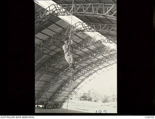VIVIGANI, GOODENOUGH ISLAND, PAPUA NEW GUINEA. 1943-09-23. FLYING OFFICER GEORGE GILBERT OF BELLEVUE HILL, NSW, ACTING COMMANDING OFFICER OF THE UNIT, GOING UP THE ROPE IN THIS "IGLOO" HANGAR BUILT ..