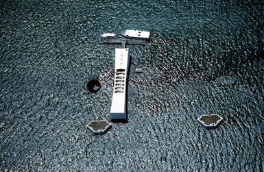 An aerial view of the USS ARIZONA Memorial