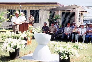 Retired Marine Corps Brig. GEN. Ben Blaz addresses the audience during the 50th anniversary ceremony of the World War II Liberation of Guam