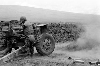 Members of Battery B, 1ST Bn., 12th Marines, fire an M-101 105mm howitzer du ring the command readiness exercise Operation Zulu Warrior