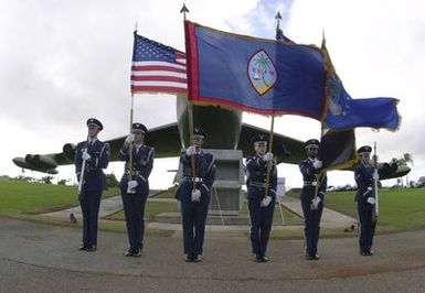 The Andersen Blue Knights Honor Guard presents the Colors during the Linebacker II ceremony at Andersen Air Force Base (AFB), Guam. Linebacker II missions, that led to the end of the Vietnam War, were launched from here