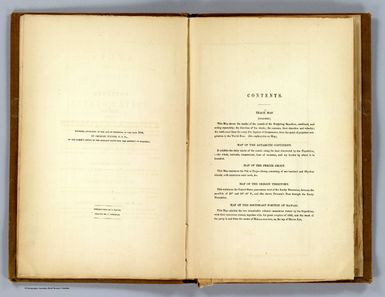 (Contents to) Atlas. Narrative of the United States Exploring Expedition During the Years 1838, 1839, 1840, 1841, 1842. By Charles Wilkes, U.S.N. Commander Of The Expedition, Member Of The American Philosophical Society, Etc. In Five Volumes, And An Atlas. Philadelphia: Lea & Blanchard. 1845. (on verso) Entered ... 1844, By Charles Wilkes ... District of Columbia.