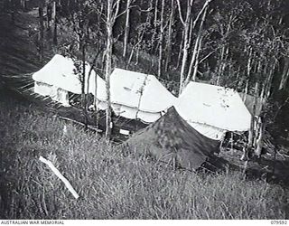 ORO BAY, NEW GUINEA. 1943-04. ONE OF THE COMPLETED WARDS AT 10TH FIELD AMBULANCE, BEFORE CAMOUFLAGE WORK WAS CARRIED OUT. THREE G.S. DOUBLE MARQUEES WERE BRIGADED END TO END ON A PLATFORM OF SCRAP ..