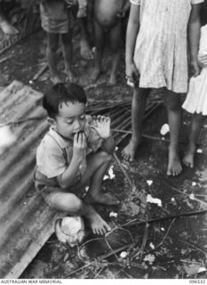 RABAUL AREA, NEW BRITAIN. 1945-09-13. CHINESE CIVILIANS, INTERNED BY THE JAPANESE AT A CAMP 15 MILES WEST OF RABAUL, WERE CONTACTED BY A PARTY OF AUSTRALIAN ARMY AND RED CROSS OFFICIALS SOON AFTER ..