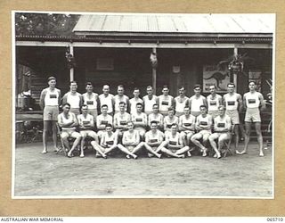 WONDECLA, QLD. 12 MARCH 1943. GROUP PORTRAIT OF THE SPORTS CHAMPIONS OF THE 16TH INFANTRY BRIGADE SPORTS CARNIVAL HELD AT THE HERBERTON RACECOURSE. A TOTAL NUMBER OF 110 POINTS WERE SCORED, WHICH ..