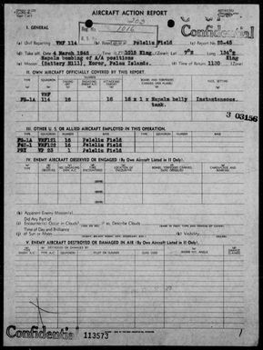 VMF-114 - ACA reps nos 25-45 to 28-45 â Barge sweep & bombing & strafing targets in the Palau Is, 3/4-10/45