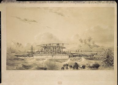 Le Breton, Louis Auguste Marie, 1818-1866 :Pirogue double des missionnaires (Ile Vavao). Dessine par L. Le Breton. Lith. par Sabatier. Paris. Gide Editeur. Imp. Lemercier, Paris, [1846].