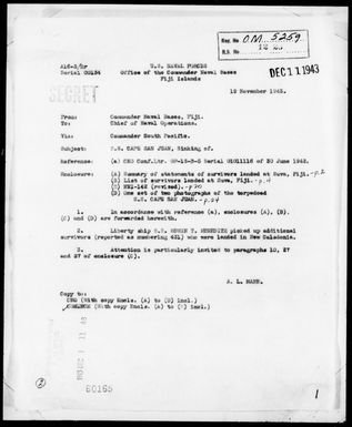 COM NAVAL BASES FIJI - Sinking of SS CAPE SAN JUAN, 11/11/43, SoPac Area