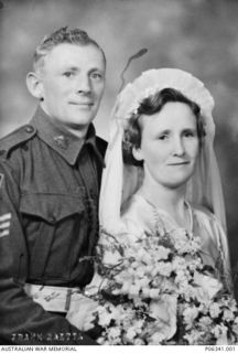 Wedding portrait of VX89386 Sergeant (Sgt) Charles Henry Schurr and Dulcie Pedder. A shed hand from Irymple, Vic, Sgt Schurr enlisted with 7th Infantry Battalion in June 1942. He died of wounds on ..