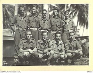 MILILAT, NEW GUINEA. 1944-07-22. PERSONNEL OF THE 5TH SURVEY BATTERY. IDENTIFIED PERSONNEL ARE:- NX155202 GUNNER F. GAY (1); NX108250 GUNNER COULDWELL (2); NX108249 GUNNER C. BLACK (3); NX108265 ..