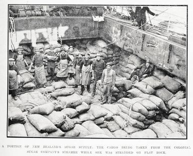 A portion of New Zealand's sugar supply: cargo being taken from the SS Rona aground Flat Rock