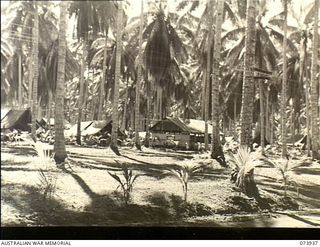 MADANG, NEW GUINEA. 1944-06-17. THE BATTALION ADMINISTRATION BUILDINGS AND THE PARADE GROUND OF 58/59TH INFANTRY BATTALION. THE UNIT IS LOCATED AT SIAR PLANTATION