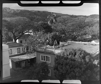 View from Grand Hotel, Tahiti, shows surrounding houses