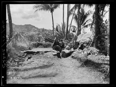 New Zealand soldiers and gun, Mono Island, Solomon Islands, during World War II