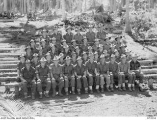 SIAR, NEW GUINEA. 1944-06-17. GROUP PORTRAIT OF SENIOR NCOS OF 58/59TH INFANTRY BATTALION. LEFT TO RIGHT: FRONT ROW: V44839 LANCE SERGEANT C. C. GREEN; VX137963 SERGEANT (SGT) C. C. NELSON; ..