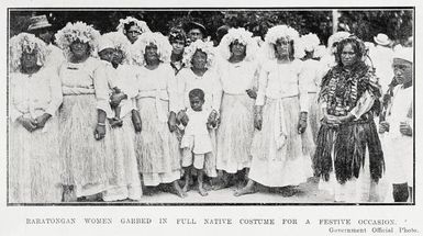 Rarotongan women garbed in full native costume for a festive occasion