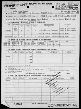 VMF-155 - ACA Rep #157-Bombing & strafing food storage area generator on Taroa Island, Marshall Islands on 8/4/45