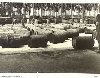 MILNE BAY, NEW GUINEA. 1944-04-04. NATIVE LABOURERS LOAD 44 GALLON DRUMS OF 80 OCTANE MOTOR SPIRIT AT THE 2ND AUSTRALIAN BULK PETROLEUM STORAGE COMPANY FOR SUPPLY TO UNIT DUMPS AND SHIPMENT TO ..