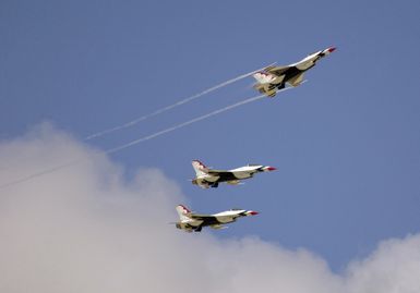 The U.S. Air Force Thunderbirds Aerial Demonstration Team F-16C Fighting Falcon aircraft brake formation to land at Andersen Air Force Base, Guam, September 9, 2004. This landing marks the first time in a decade the USAF Thunderbird demonstration team has visited Guam. The Thunderbirds will be performing during an air show held Sunday, September 12, 2004. (U.S. Air Force PHOTO by STAFF SGT. Bennie J. Davis III) (Released)