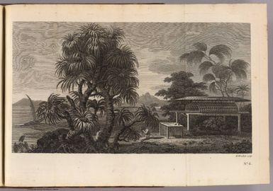 (A view in the island of Huaheine, with the Ewharra no Eatua or House of God). W. Woollett sculp. No. 6. (London: printed for W. Strahan; and T. Cadell in the Strand, MDCCLXXIII).