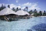 French Polynesia, overwater cabins on shore of Bora Bora