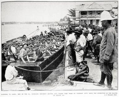 Farewell to Samoa: men of the3rd Auckland Regiment leaving Apia, where they were on garrison duty since the annexation of the island in August 1914