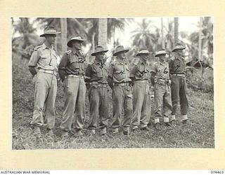 MADANG, NEW GUINEA. 1944-07-03. OFFICERS OF HEADQUARTERS COMPANY, 24TH INFANTRY BATTALION. IDENTIFIED PERSONNEL ARE:- SX25946 LIEUTENANT B. MARTIN (1); VX88985 LIEUTENANT R.G. HEALY (2); VX104156 ..