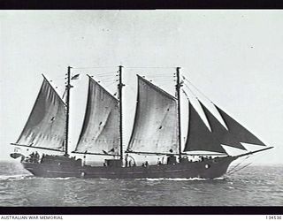 PORT MORESBY, PAPUA. WAIMANA, A RAAF TYPE 06- VESSEL, SUPPLY, LARGE (NON-STANDARD) CLOSEHAULED, SAILING INTO MORESBY HARBOUR AFTER A LONG AND MOST EVENTFUL TRIP FROM MELBOURNE. (DONOR: P. E. ..