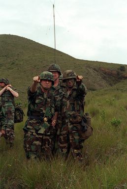 A captain with the 25th Infantry Division (Light) points out an area of interest to Army CHIEF of STAFF General (GEN) Carl E. Vuono during the general's visit to the training area. Behind him is Major General (MGEN) Charles P. Otstott, commander of the 25