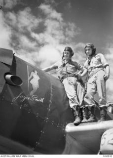 NADZAB, NEW GUINEA. C. 1944-02. A RAAF VULTEE VENGEANCE DIVE BOMBER AIRCRAFT OF NO. 24 SQUADRON RAAF, CREWED BY PILOT FLIGHT SERGEANT NORM B. KELLETT OF BRUNSWICK, VICTORIA, AND OBSERVER FLIGHT ..