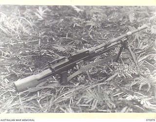 LAE, NEW GUINEA. 1944-09-13. THE NEW LIGHTENED AND MODIFIED BREN GUN. AMONG OTHER MODIFICATIONS THE BARREL HAS BEEN SHORTENED AND THE WEIGHT HAS BEEN REDUCED BY SOME 3 1/2 POUNDS