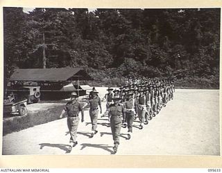 PALMALMAL, JACQUINOT BAY, NEW BRITAIN. 1945-08-27. THE MARCH PAST OF MEMBERS OF 11 AND 5 DIVISION PROVOST COMPANIES, DURING A PROVOST PARADE AT THE MISSION