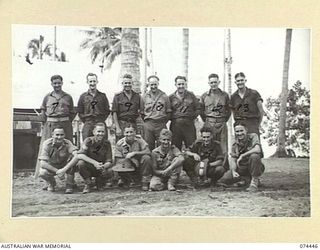 MADANG, NEW GUINEA. 1944-06-27. STAFF PERSONNEL OF THE 5TH DIVISION RECEPTION CAMP. IDENTIFIED PERSONNEL ARE:- NX112949 CORPORAL A.G. HILLARD (1); QX49341 STAFF SERGEANT E.C. LAFRANTZ (2); QX59435 ..