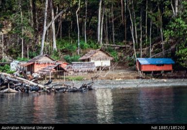 Ingold's Mwatu Camp: Daniel and Angelus on the company dinghy (no.65). The sleeping huts were insufferably hot at night. The large bush-material house probably belonged to Kevin Sailosi