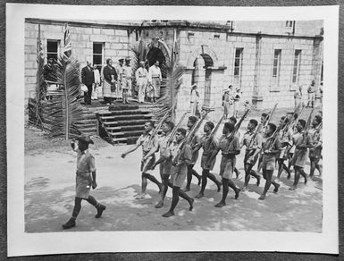 Members of the Tonga Defence Force of 2nd NZEF on parade in Tonga celebrating the capitulation of Italy during World War 2